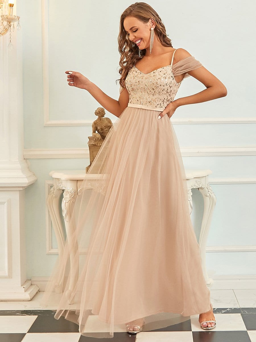 Color=Rose Gold | A-Line Sweetheart Neckline Ruffle Sleeve Tulle Bridesmaid Dress With Sequin-Rose Gold 4