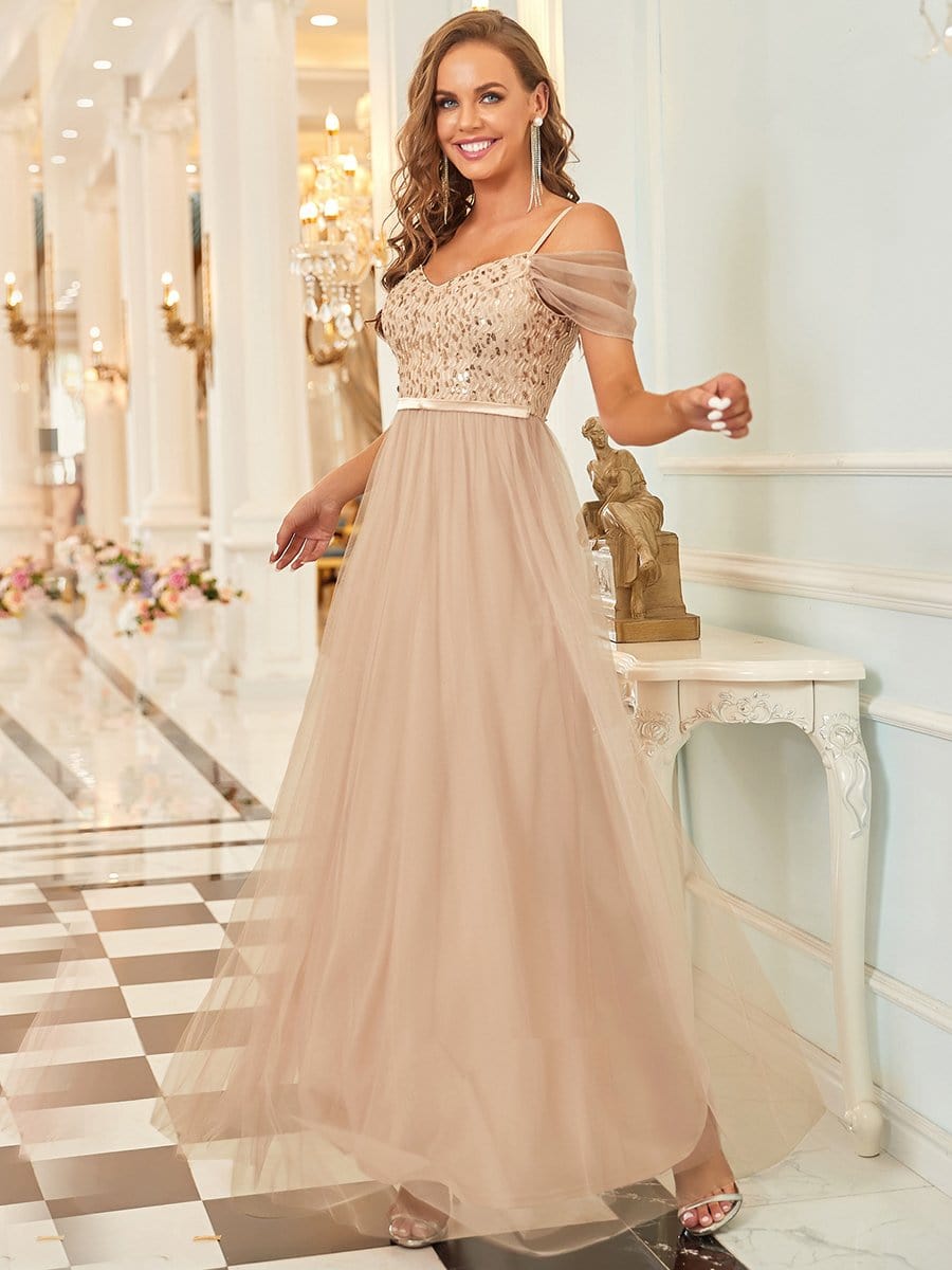 Color=Rose Gold | A-Line Sweetheart Neckline Ruffle Sleeve Tulle Bridesmaid Dress With Sequin-Rose Gold 5