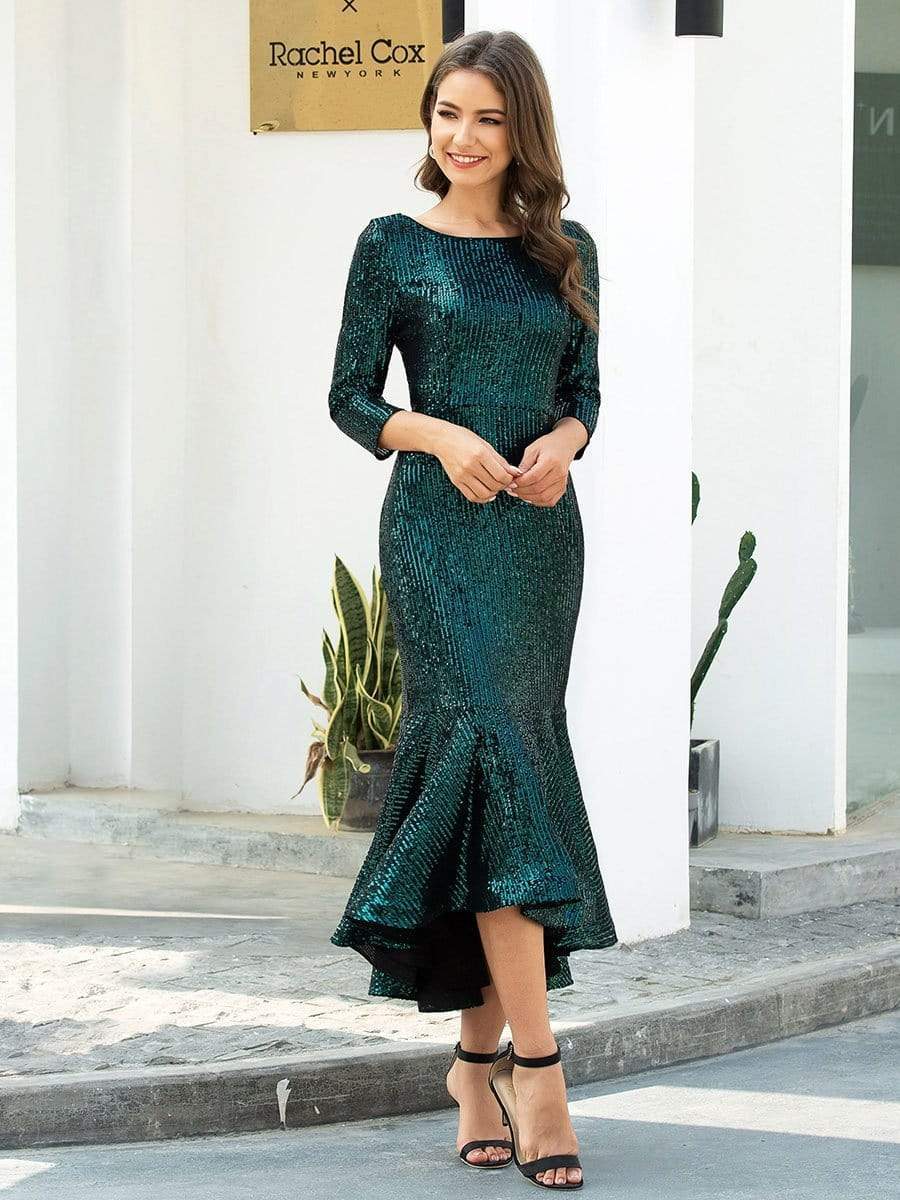 Color=Dark Green | Mature Fishtail Midi Length Sequin Cocktail Dresses With Long Sleeve-Dark Green 1