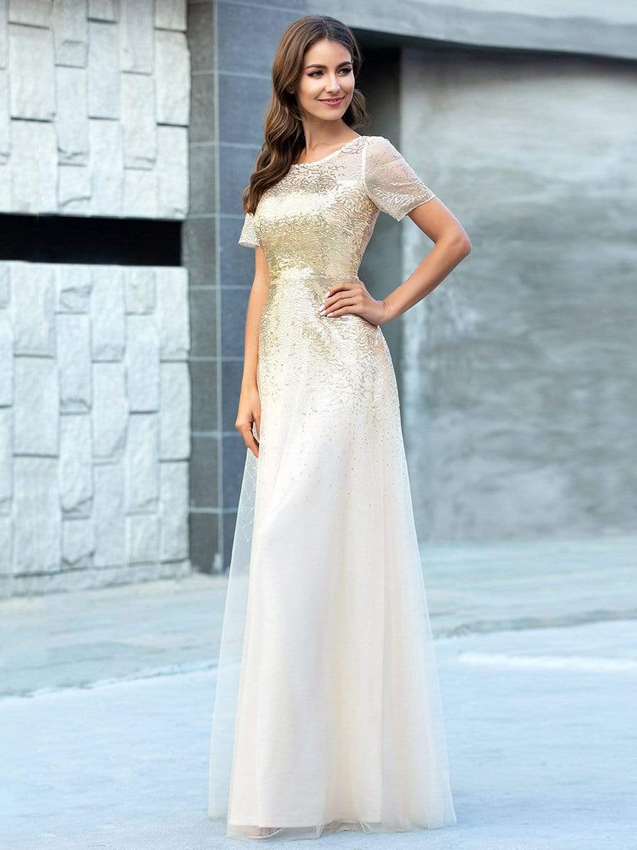 Color=Gold | Gorgeous Sweetheart Short Sleeve Illusion Sequin Evening Dresses-Gold 3