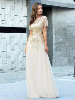 Color=Gold | Gorgeous Sweetheart Short Sleeve Illusion Sequin Evening Dresses-Gold 4