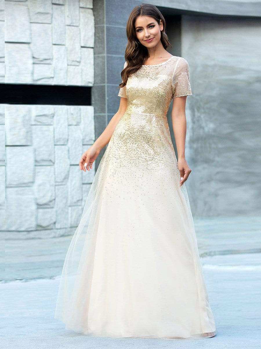 Color=Gold | Gorgeous Sweetheart Short Sleeve Illusion Sequin Evening Dresses-Gold 1