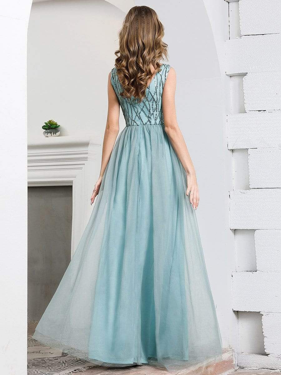 Color=Dusty Blue | Deep V Neck A-Line Sleeveless Tulle Bridesmaid Dress with Irregular Sequin-2