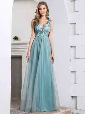 Color=Dusty Blue | Deep V Neck A-Line Sleeveless Tulle Bridesmaid Dress with Irregular Sequin-4