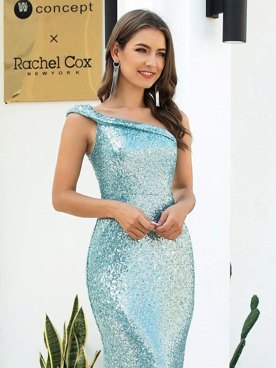 Color=Dusty Blue | Shiny One Shoulder Fishtail Sequin Formal Evening Dress-Dusty Blue 5