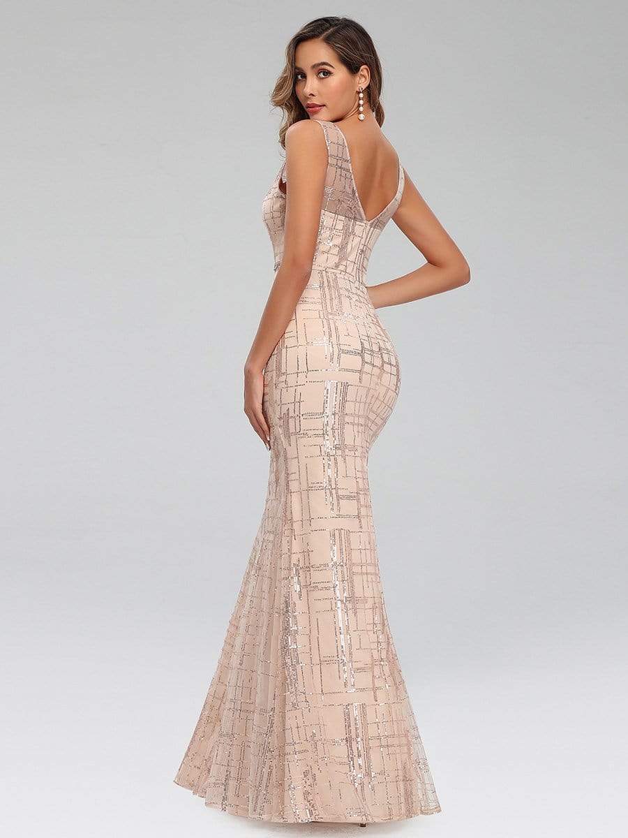 Color=Rose Gold | Illusion Deep V Neck Fishtail Evening Dress with Floral Sequin Prints-Rose Gold 2