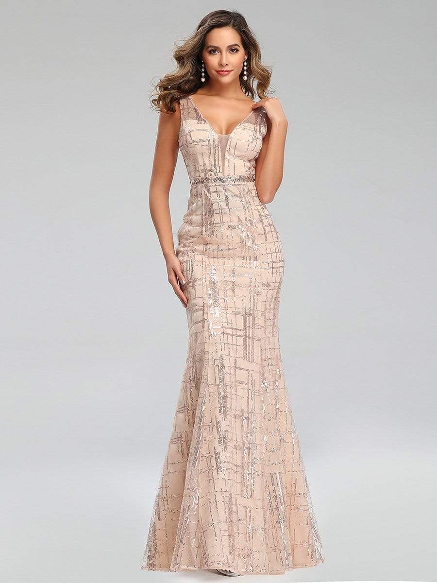 Color=Rose Gold | Illusion Deep V Neck Fishtail Evening Dress with Floral Sequin Prints-Rose Gold 4