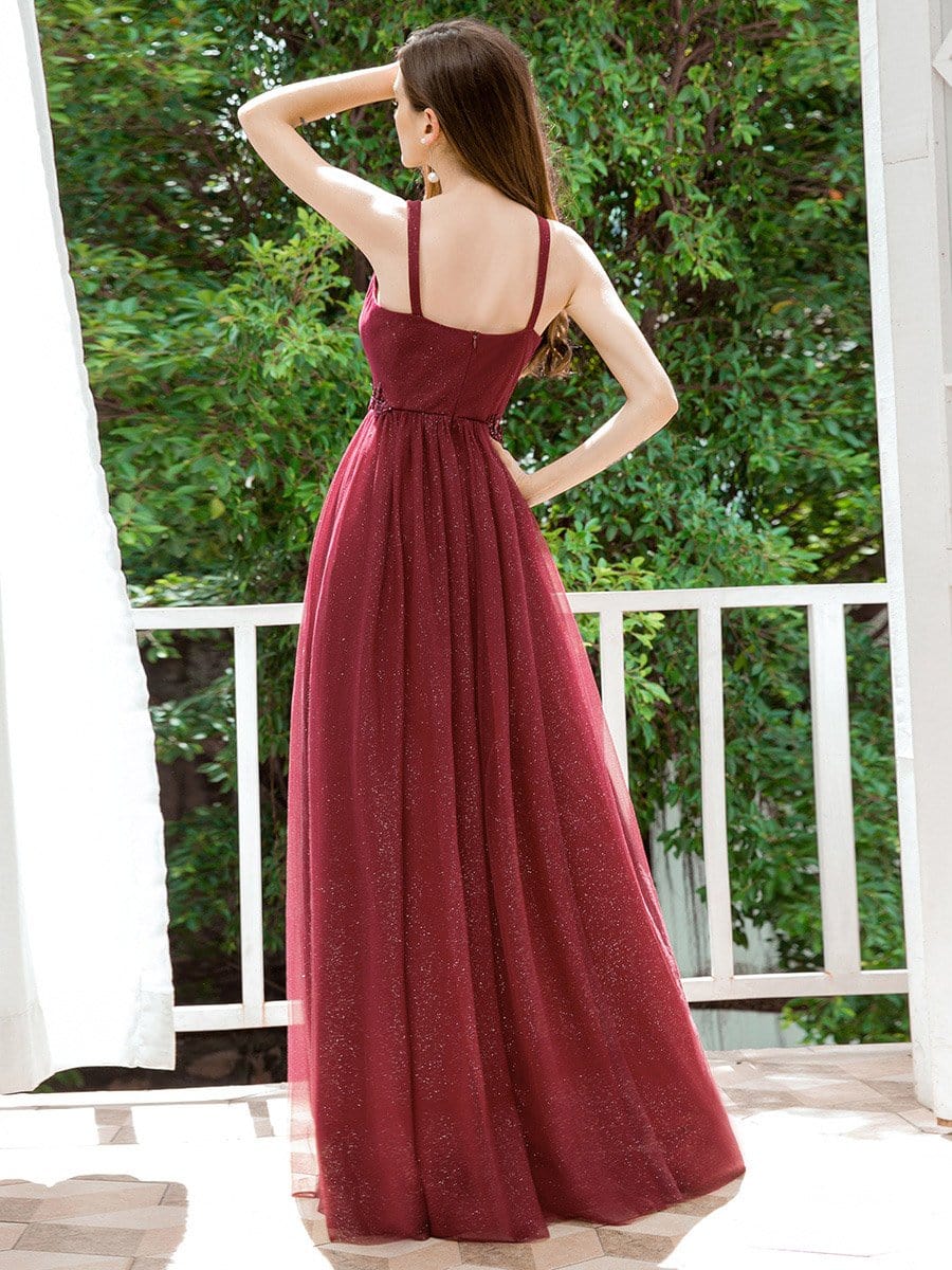 Color=Burgundy | Fashion V Neckline A-Line Tulle Bridesmaid Dresses With Floral Appliques-Burgundy 2