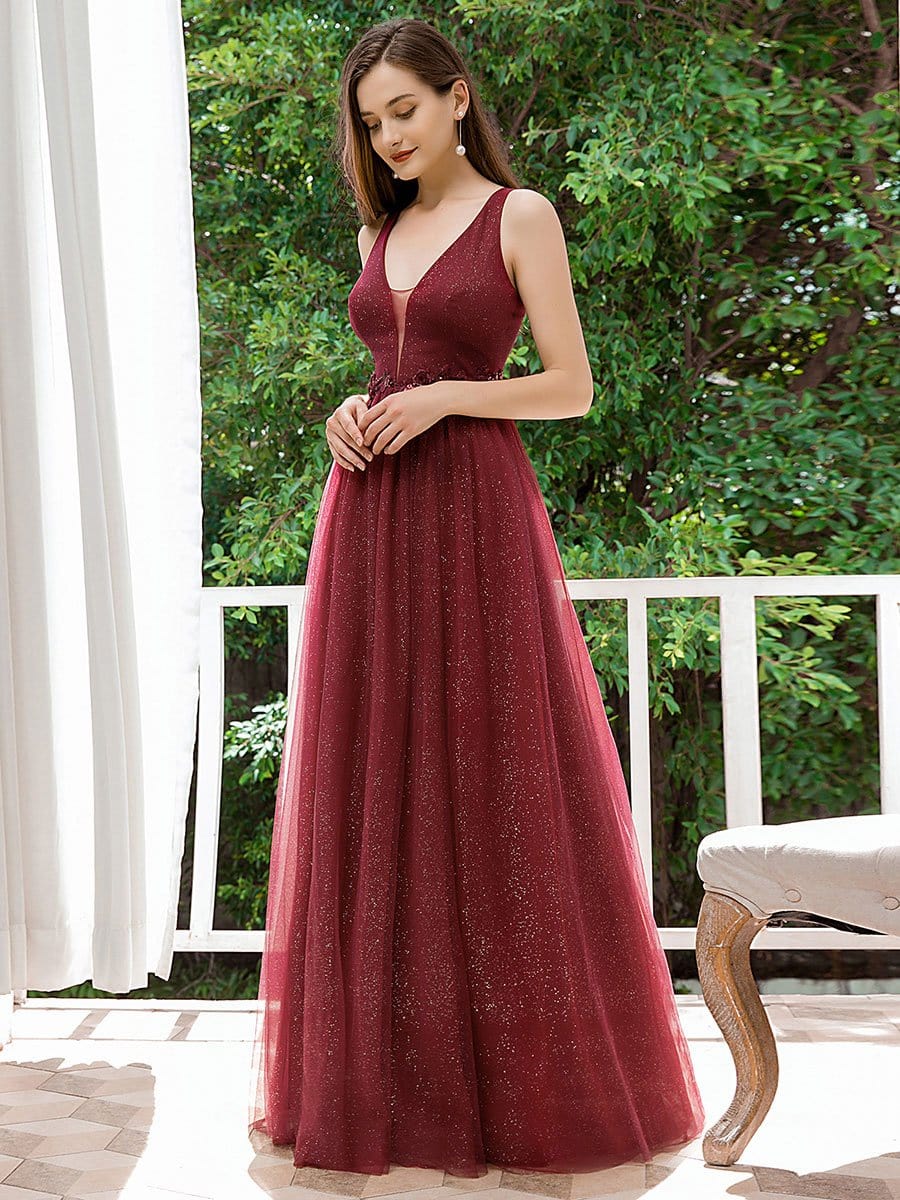 Color=Burgundy | Fashion V Neckline A-Line Tulle Bridesmaid Dresses With Floral Appliques-Burgundy 3