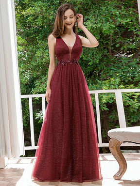 Color=Burgundy | Fashion V Neckline A-Line Tulle Bridesmaid Dresses With Floral Appliques-Burgundy 4