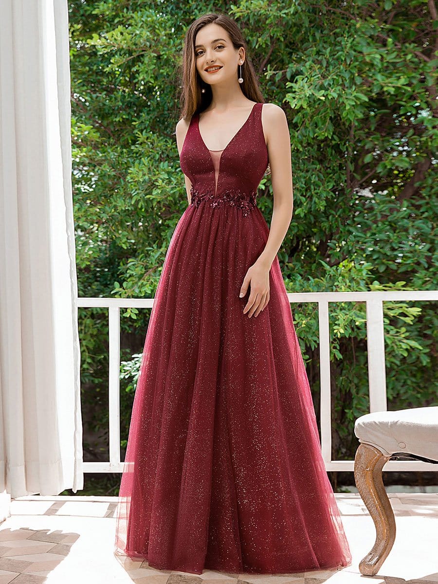 Color=Burgundy | Fashion V Neckline A-Line Tulle Bridesmaid Dresses With Floral Appliques-Burgundy 1