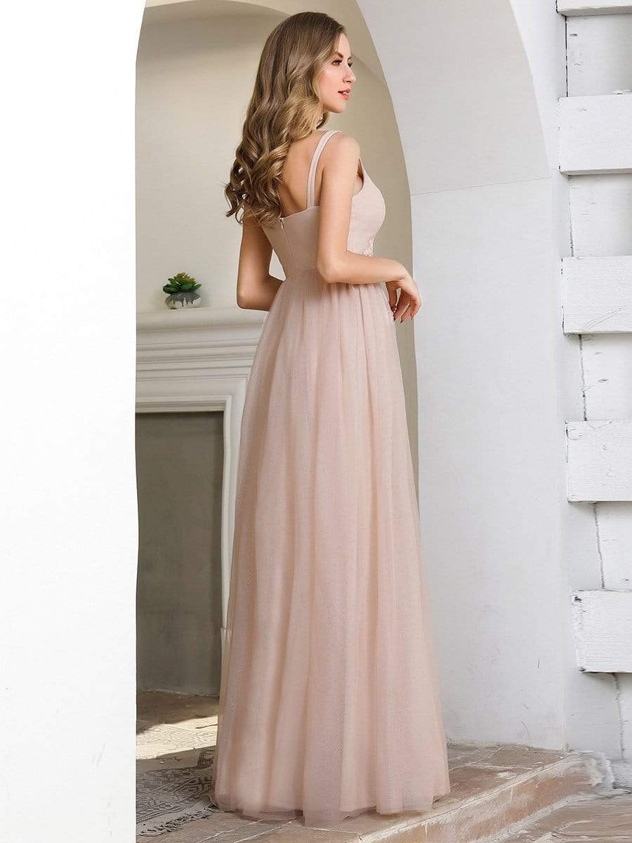 Color=Pink | Fashion V Neckline A-Line Tulle Bridesmaid Dresses with Floral Appliques-2