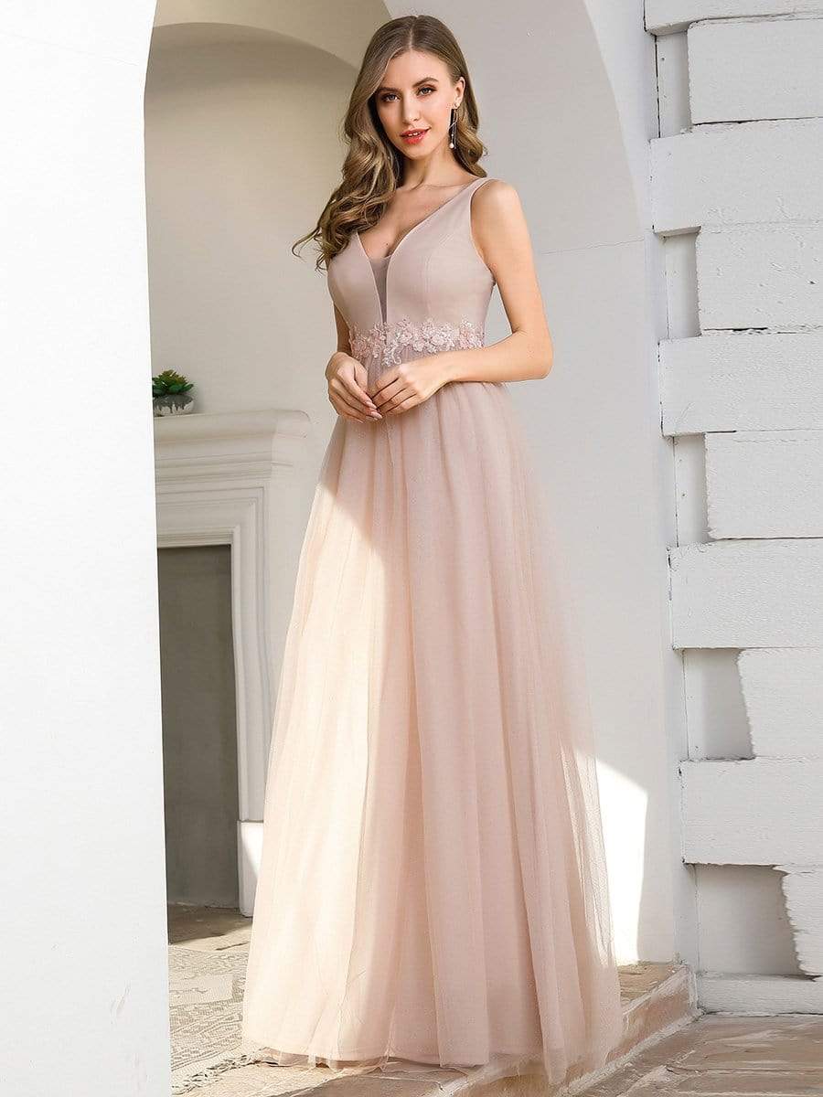 Color=Pink | Fashion V Neckline A-Line Tulle Bridesmaid Dresses with Floral Appliques-3