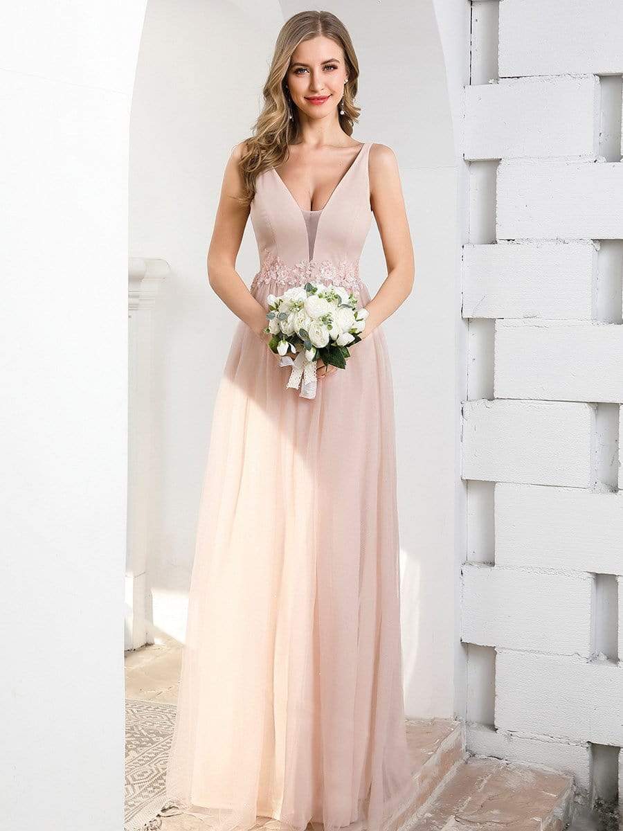 Color=Pink | Fashion V Neckline A-Line Tulle Bridesmaid Dresses with Floral Appliques-4