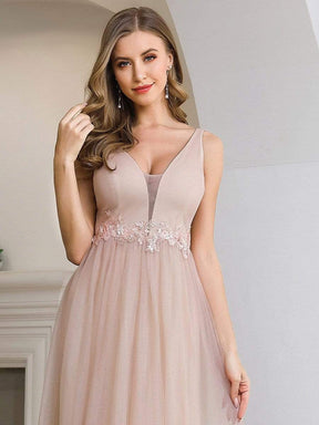 Color=Pink | Fashion V Neckline A-Line Tulle Bridesmaid Dresses with Floral Appliques-5