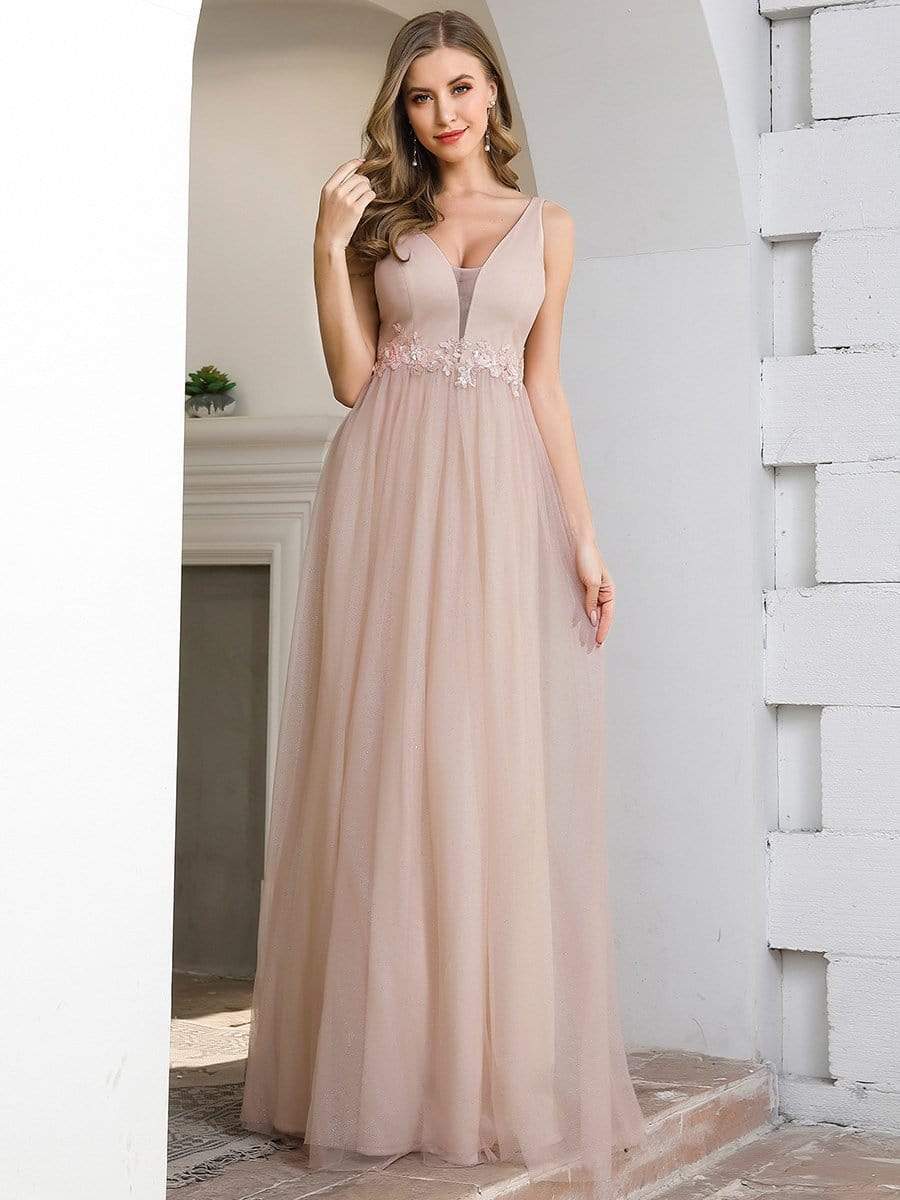 Color=Pink | Fashion V Neckline A-Line Tulle Bridesmaid Dresses with Floral Appliques-1