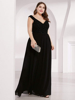 Color=Black | Plus Size Elegant Flowy V Neck Chiffon Evening Dress-Black 3
