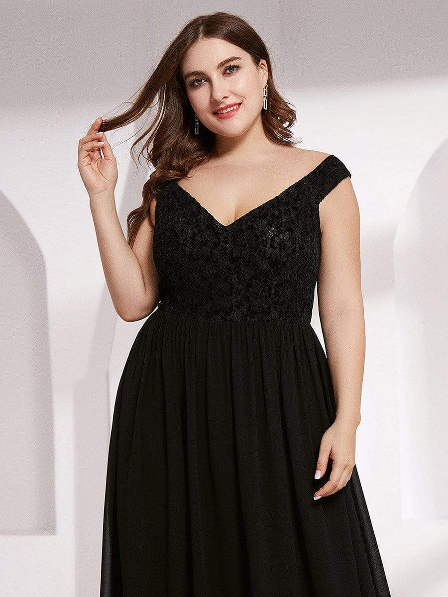 Color=Black | Plus Size Elegant Flowy V Neck Chiffon Evening Dress-Black 5