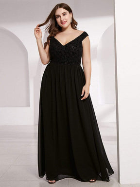 Color=Black | Plus Size Elegant Flowy V Neck Chiffon Evening Dress-Black 1