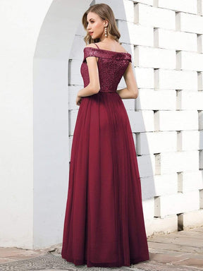 Color=Burgundy | Romantic Off Shoulder V Neck Tulle Bridesmaid Dress With Strap-Burgundy 2