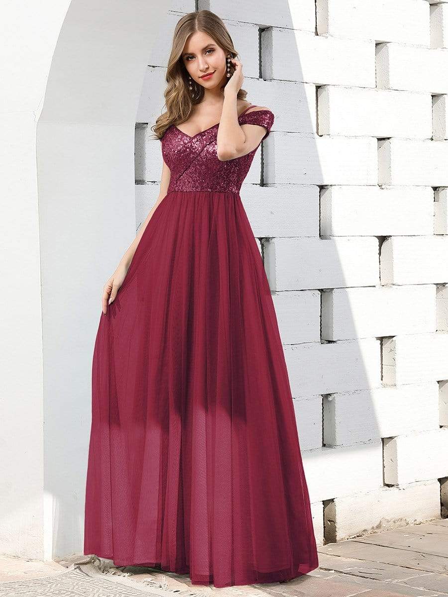 Color=Burgundy | Romantic Off Shoulder V Neck Tulle Bridesmaid Dress With Strap-Burgundy 3