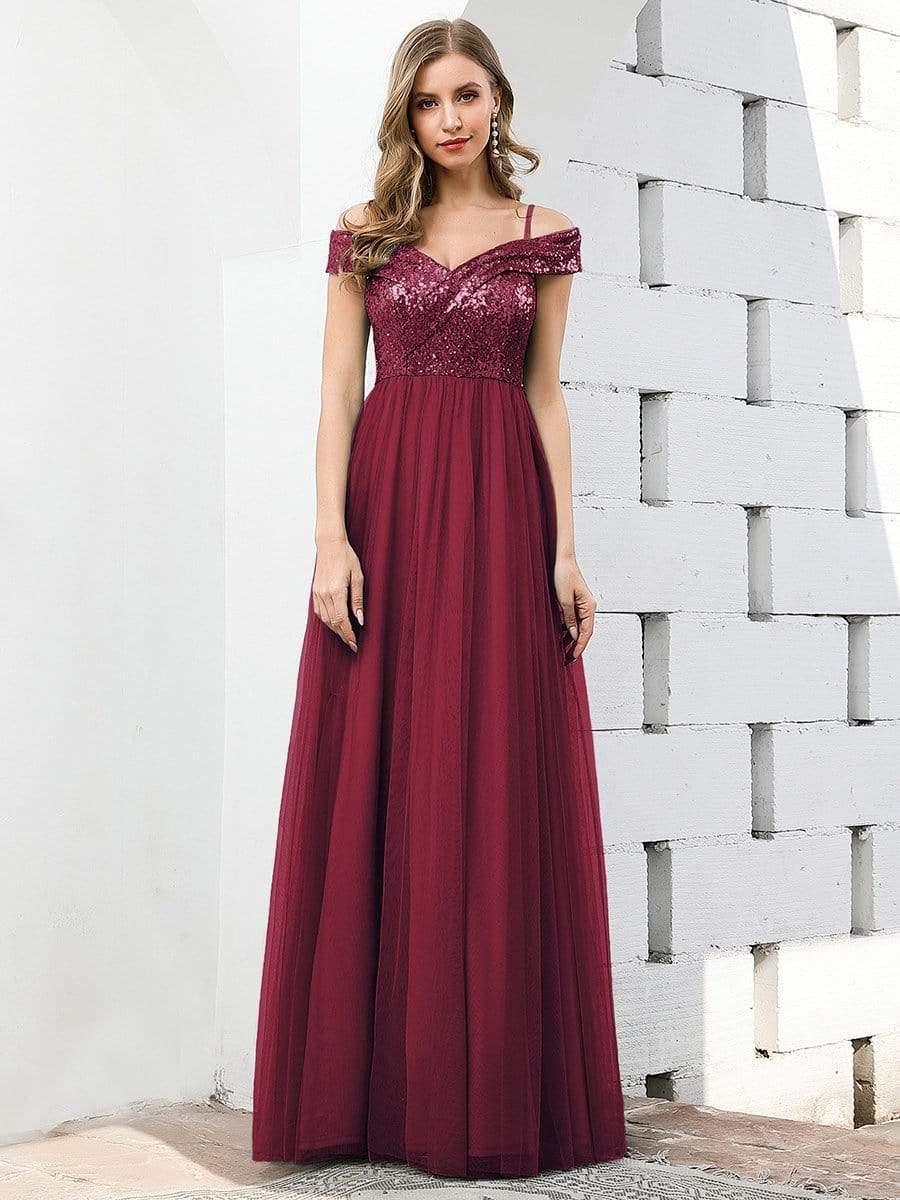 Color=Burgundy | Romantic Off Shoulder V Neck Tulle Bridesmaid Dress With Strap-Burgundy 4