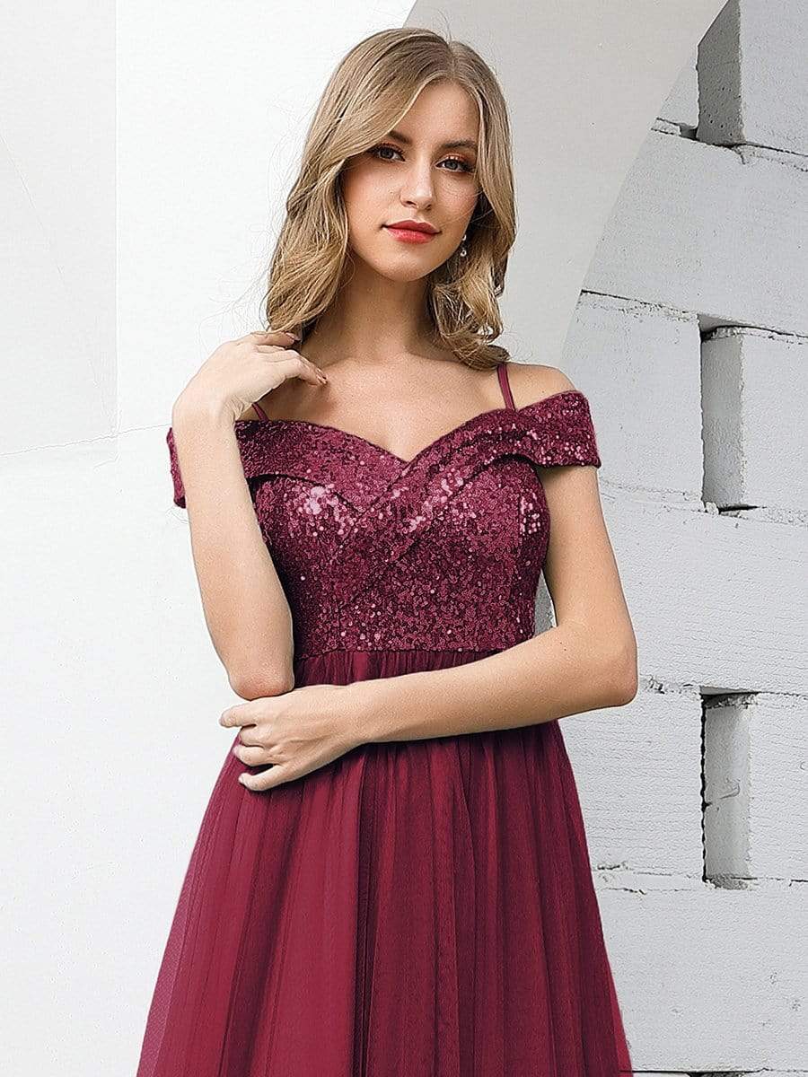 Color=Burgundy | Romantic Off Shoulder V Neck Tulle Bridesmaid Dress With Strap-Burgundy 5