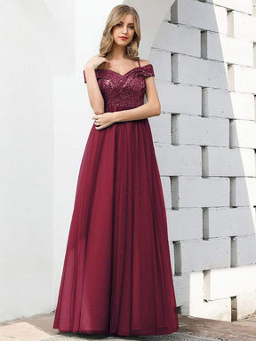 Color=Burgundy | Romantic Off Shoulder V Neck Tulle Bridesmaid Dress With Strap-Burgundy 1