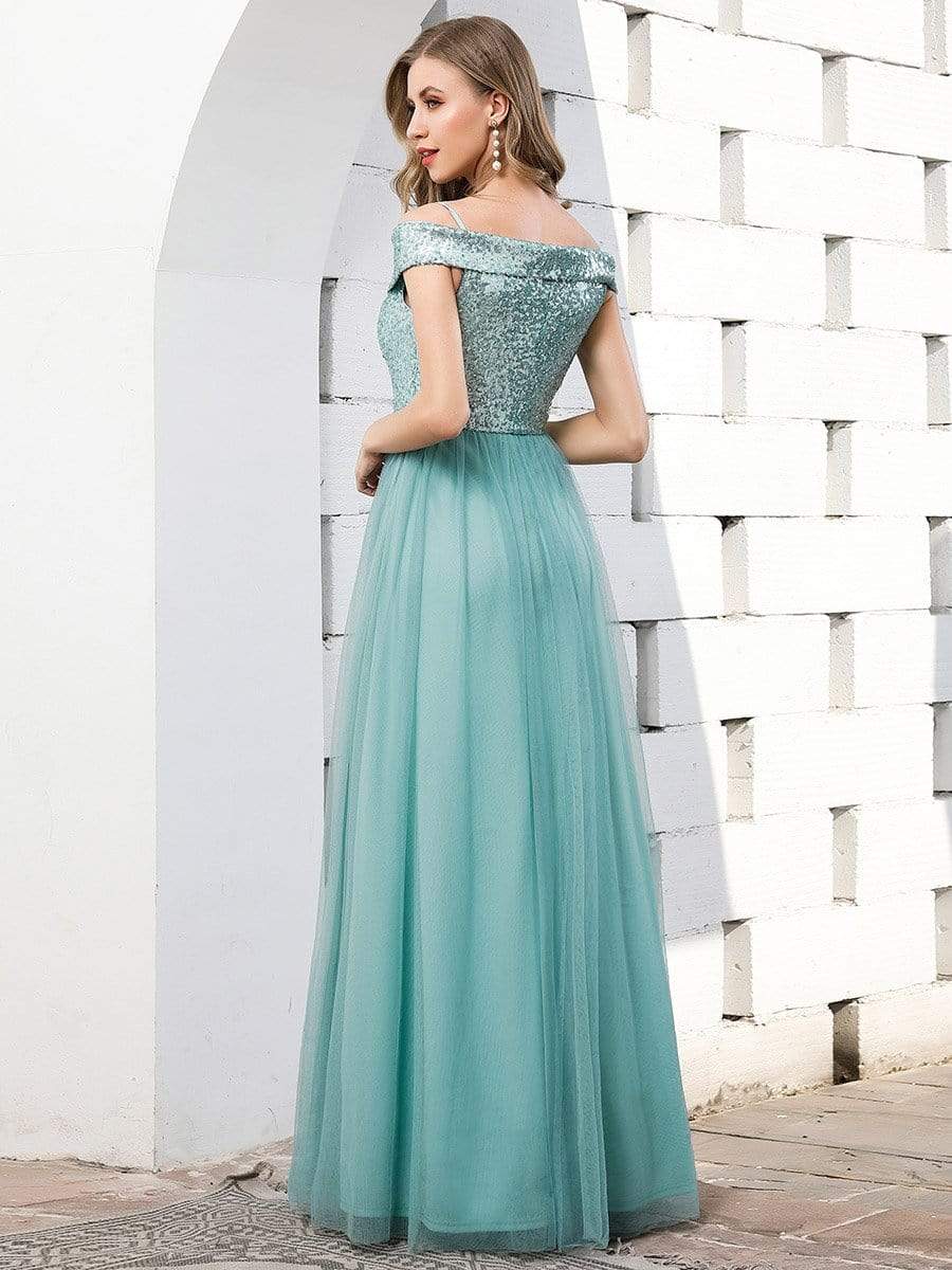 Color=Dusty Blue | Romantic Off Shoulder V Neck Tulle Bridesmaid Dress with Strap-Dusty Blue 2