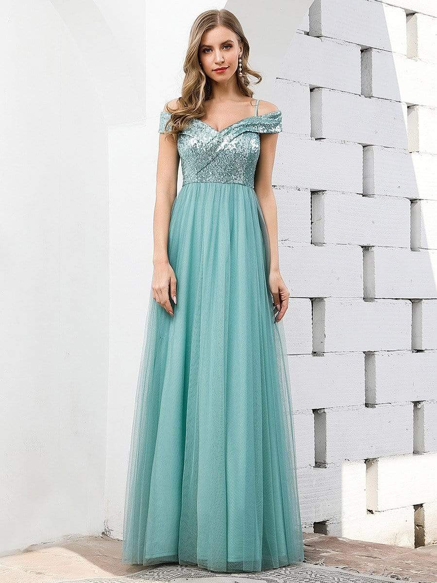 Color=Dusty Blue | Romantic Off Shoulder V Neck Tulle Bridesmaid Dress with Strap-Dusty Blue 4