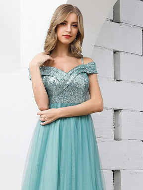 Color=Dusty Blue | Romantic Off Shoulder V Neck Tulle Bridesmaid Dress with Strap-Dusty Blue 5