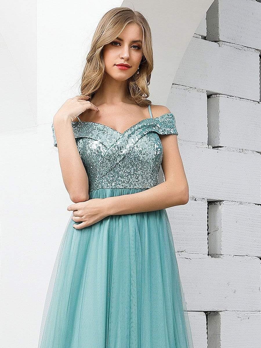 Color=Dusty Blue | Romantic Off Shoulder V Neck Tulle Bridesmaid Dress with Strap-Dusty Blue 5