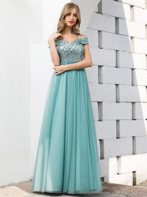 Color=Dusty Blue | Romantic Off Shoulder V Neck Tulle Bridesmaid Dress with Strap-Dusty Blue 1