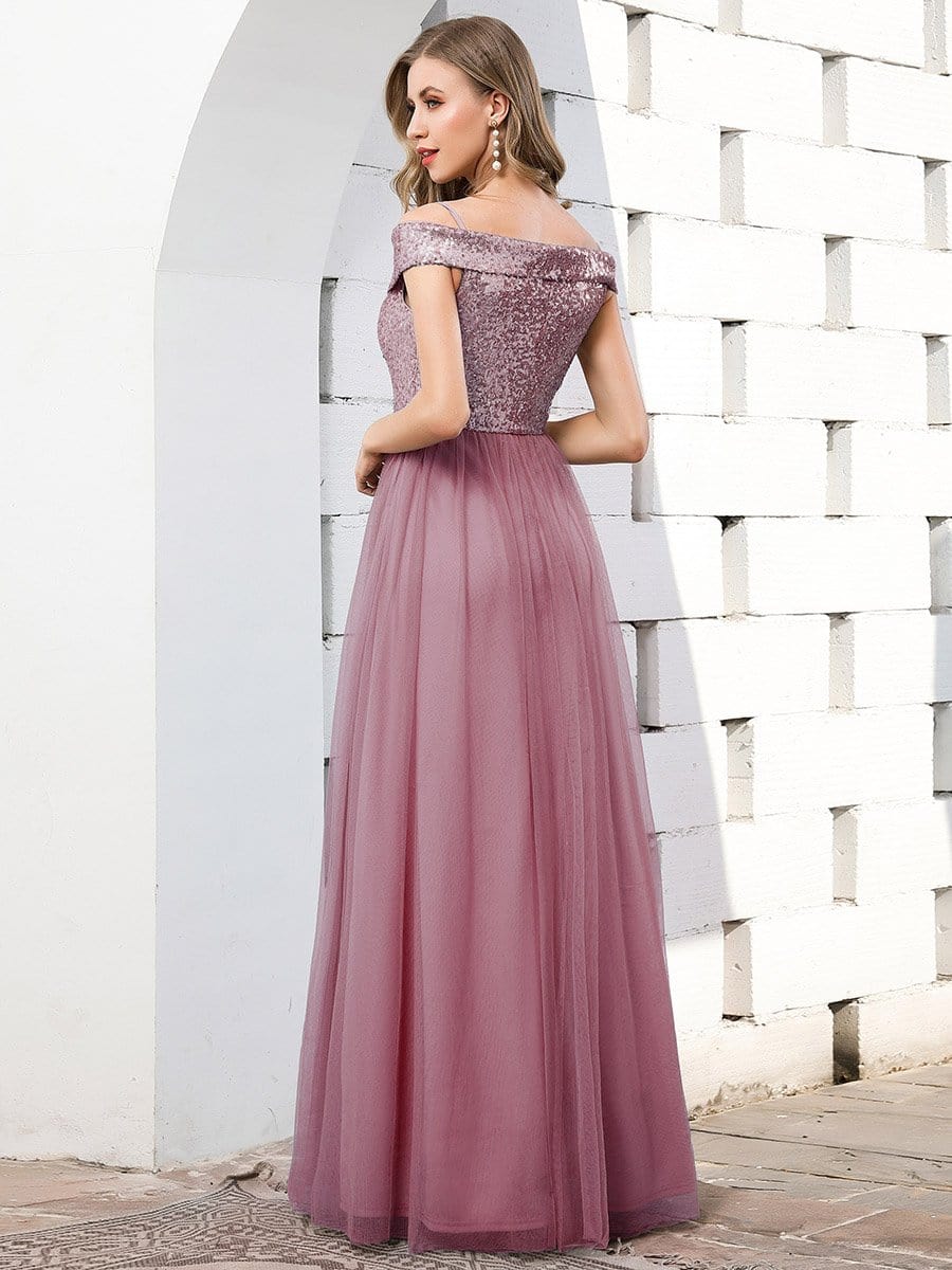 Color=Purple Orchid | Romantic Off Shoulder V Neck Tulle Bridesmaid Dress With Strap-Purple Orchid 2