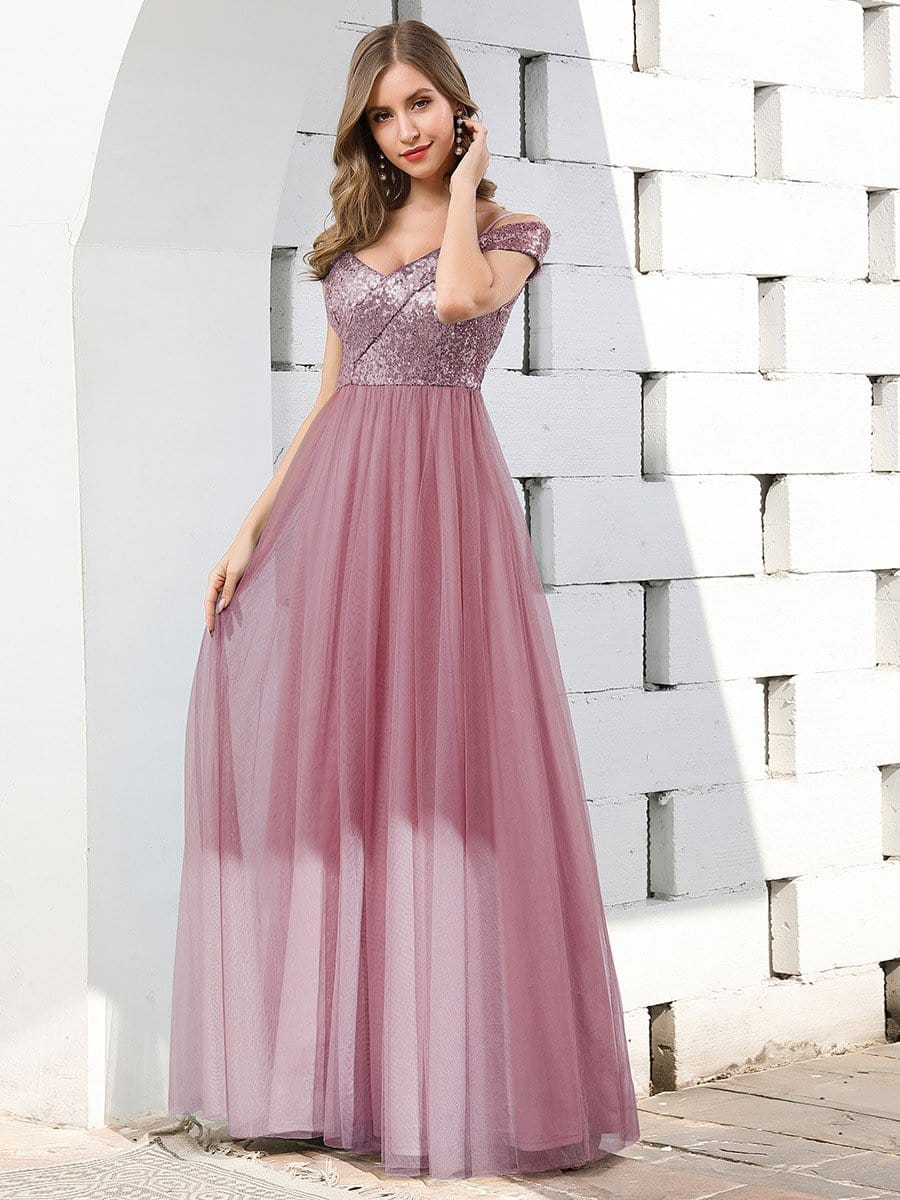 Color=Purple Orchid | Romantic Off Shoulder V Neck Tulle Bridesmaid Dress With Strap-Purple Orchid 3