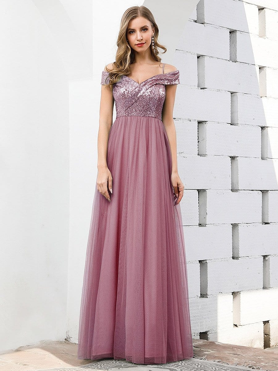 Color=Purple Orchid | Romantic Off Shoulder V Neck Tulle Bridesmaid Dress With Strap-Purple Orchid 4