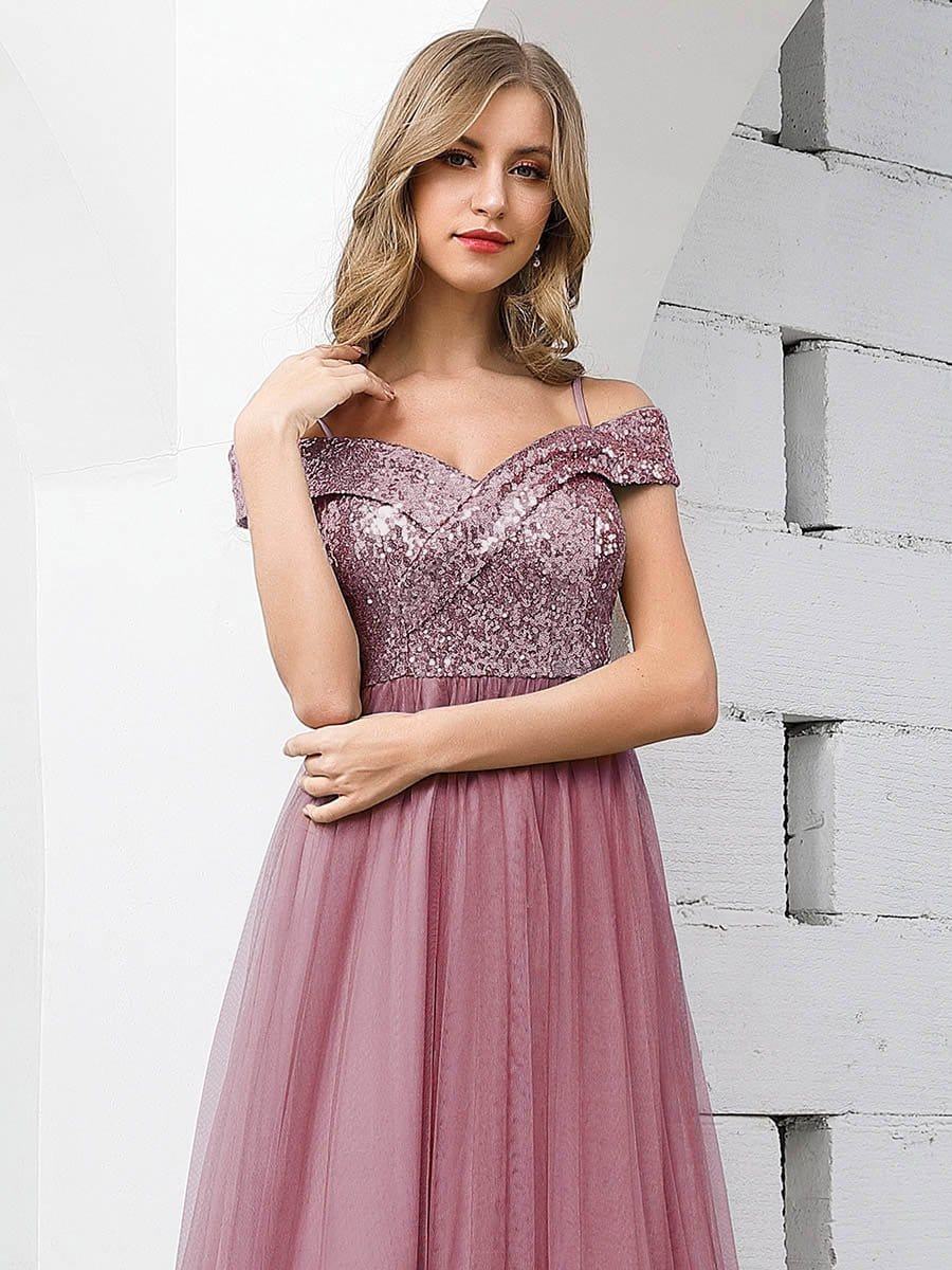 Color=Purple Orchid | Romantic Off Shoulder V Neck Tulle Bridesmaid Dress With Strap-Purple Orchid 5