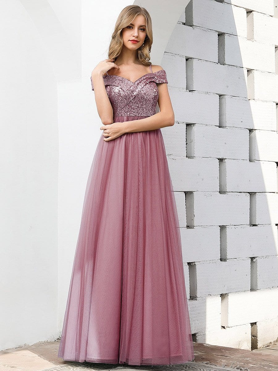 Color=Purple Orchid | Romantic Off Shoulder V Neck Tulle Bridesmaid Dress With Strap-Purple Orchid 1