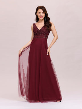 Color=Burgundy | Double V Neckline Flowy Tulle Evening Dress With Sequin Stripes-Burgundy 4