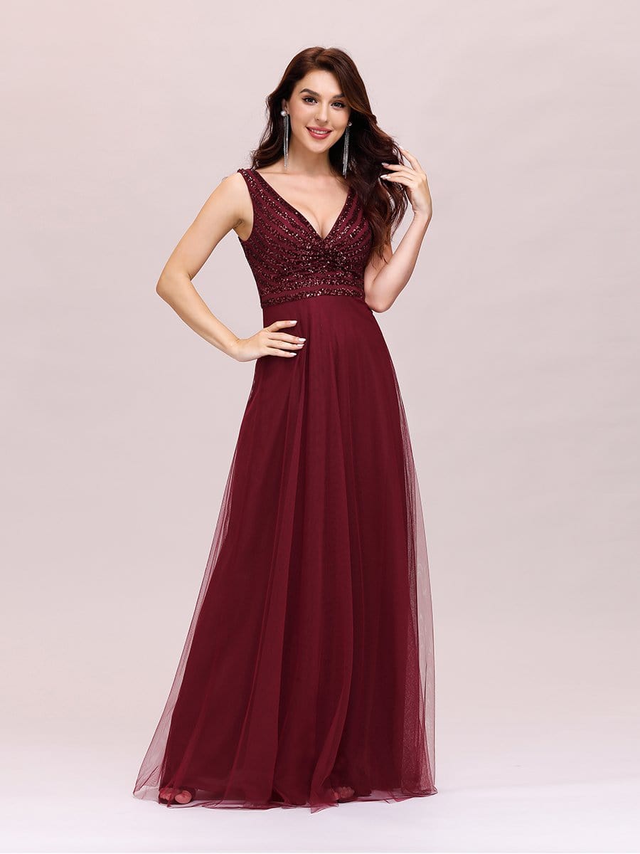 Color=Burgundy | Double V Neckline Flowy Tulle Evening Dress With Sequin Stripes-Burgundy 3