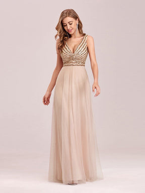 Color=Blush | Double V Neckline Flowy Tulle Evening Dress With Sequin Stripes-Blush 4