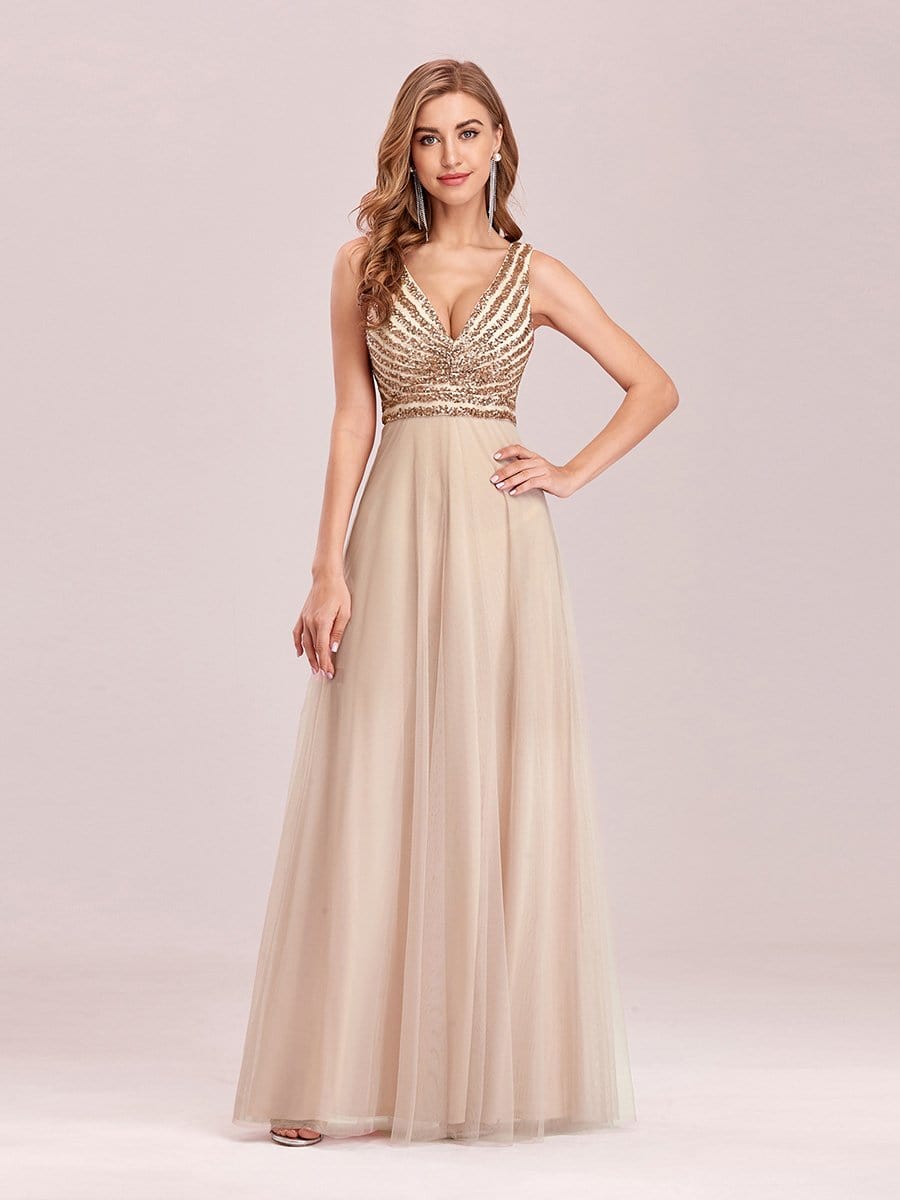 Color=Blush | Double V Neckline Flowy Tulle Evening Dress With Sequin Stripes-Blush 1