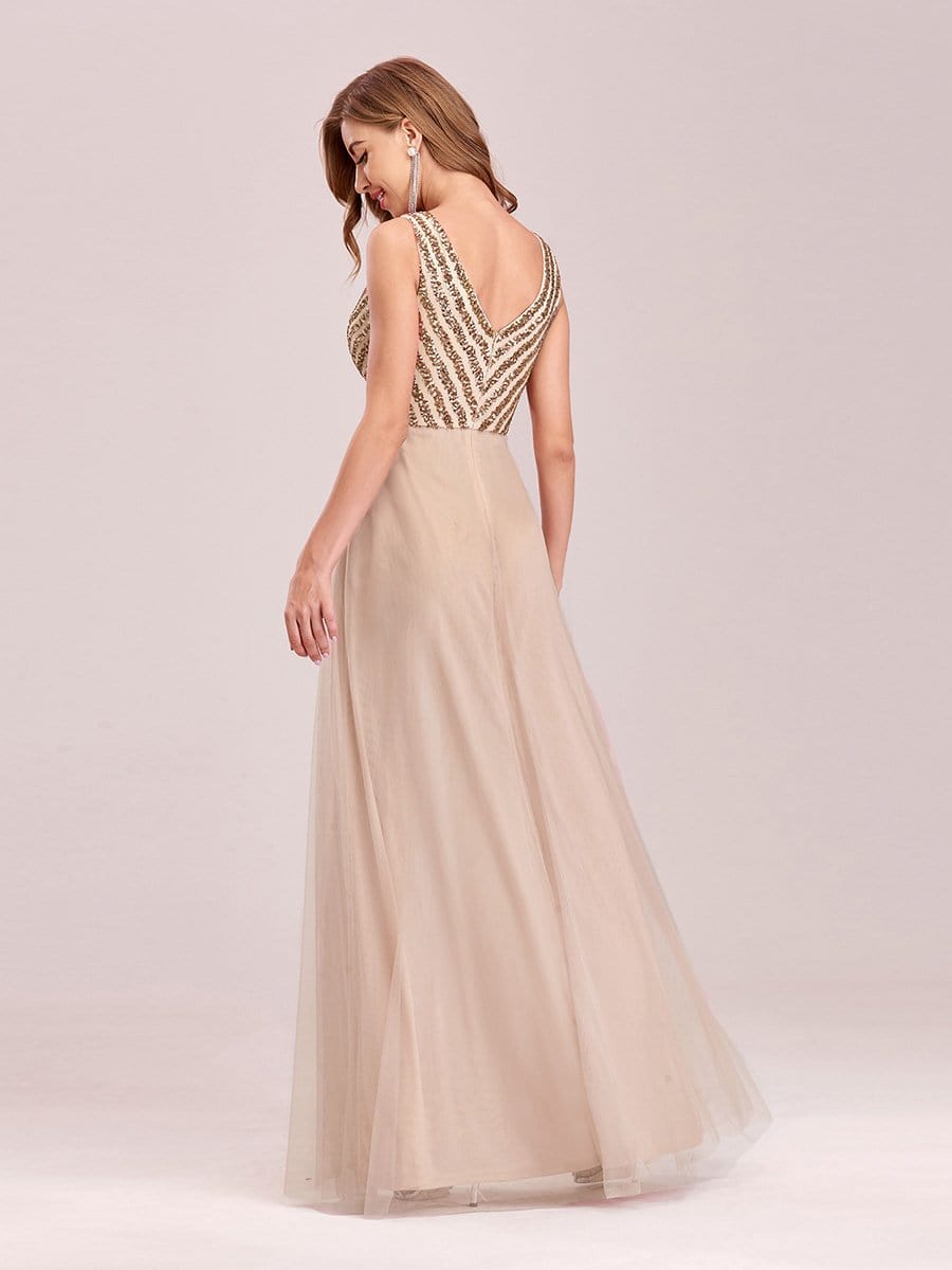 Color=Blush | Double V Neckline Flowy Tulle Evening Dress With Sequin Stripes-Blush 2