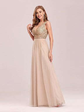 Color=Blush | Double V Neckline Flowy Tulle Evening Dress With Sequin Stripes-Blush 3