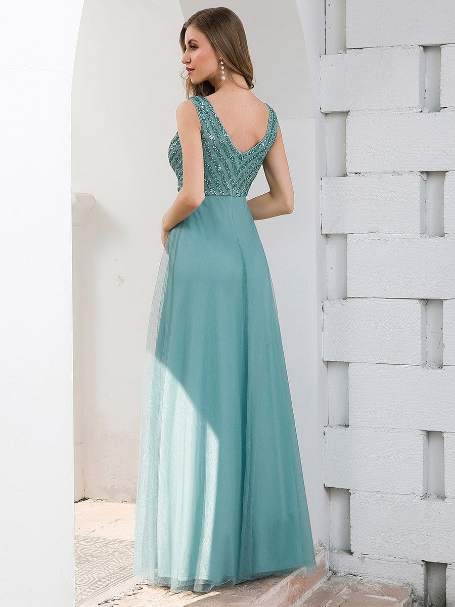 Color=Dusty Blue | Double V Neckline Flowy Tulle Evening Dress With Sequin Stripes-Dusty Blue 2