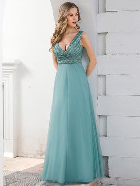 Color=Dusty Blue | Double V Neckline Flowy Tulle Evening Dress With Sequin Stripes-Dusty Blue 4