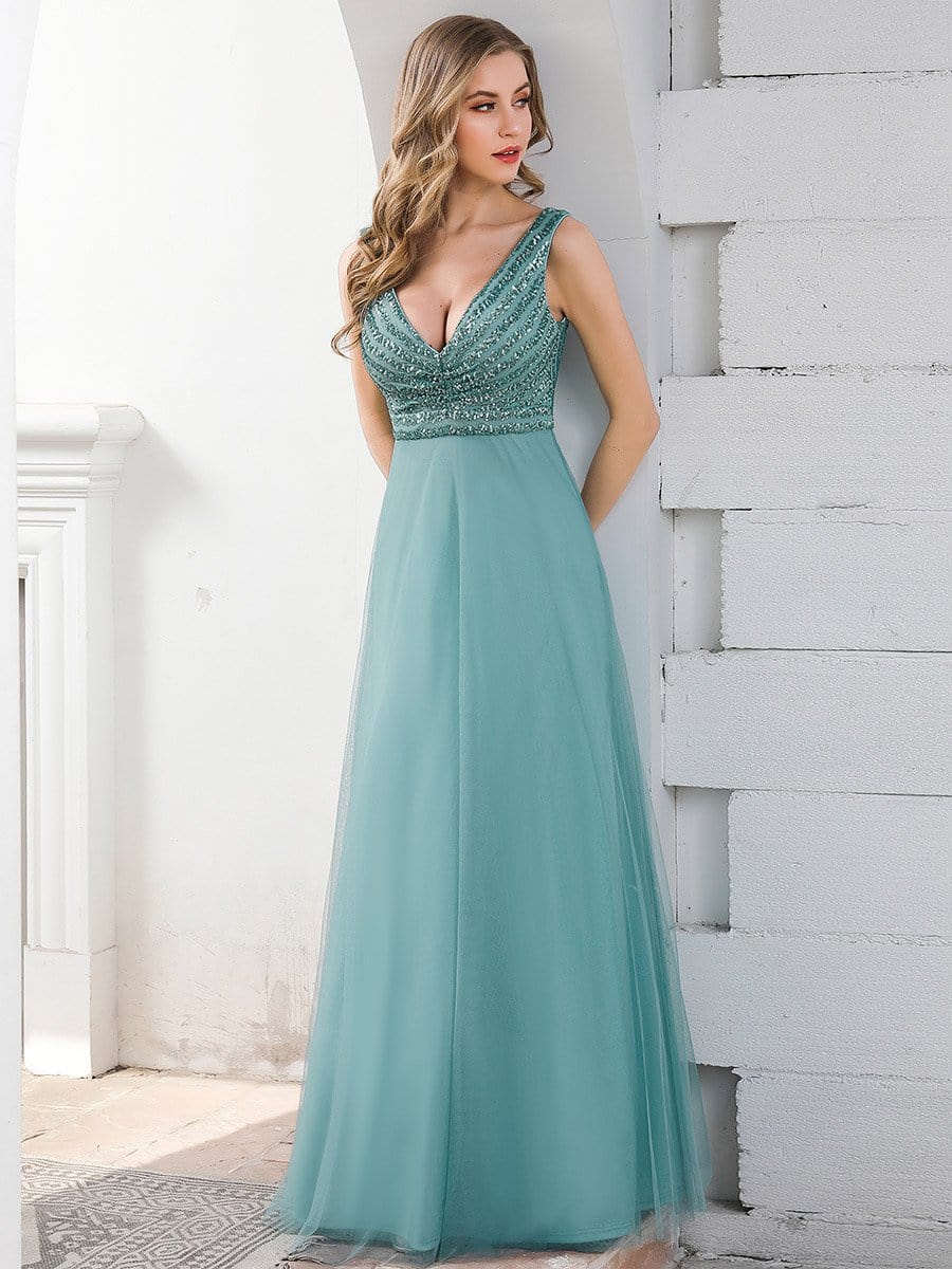 Color=Dusty Blue | Double V Neckline Flowy Tulle Evening Dress With Sequin Stripes-Dusty Blue 4