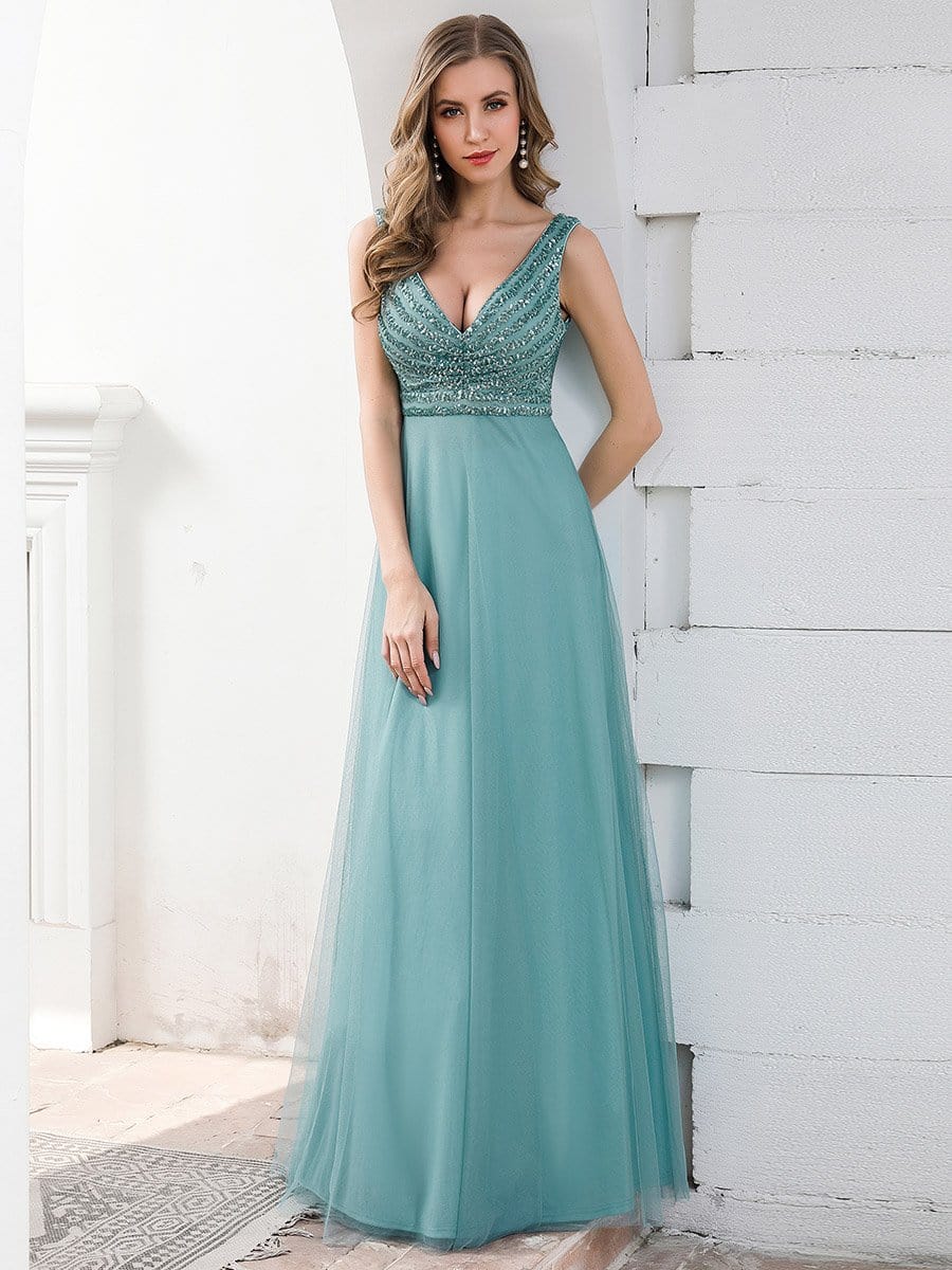 Color=Dusty Blue | Double V Neckline Flowy Tulle Evening Dress With Sequin Stripes-Dusty Blue 1