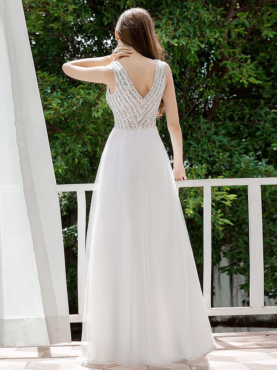 Color=White | Double V Neckline Flowy Tulle Evening Dress With Sequin Stripes-White 2