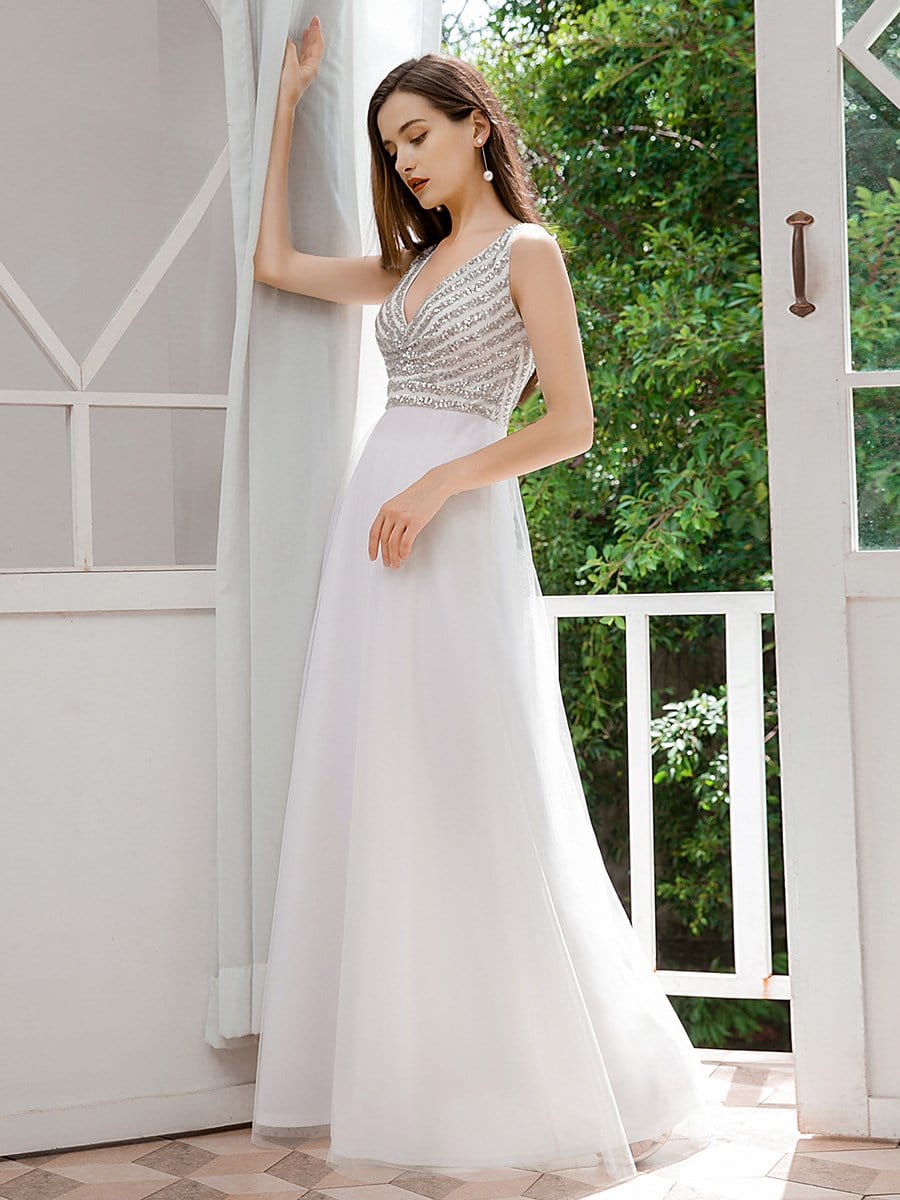 Color=White | Double V Neckline Flowy Tulle Evening Dress With Sequin Stripes-White 4